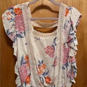 Buckle Floral Ruffle Sleeve Blouse - Cream, Pink, Orange